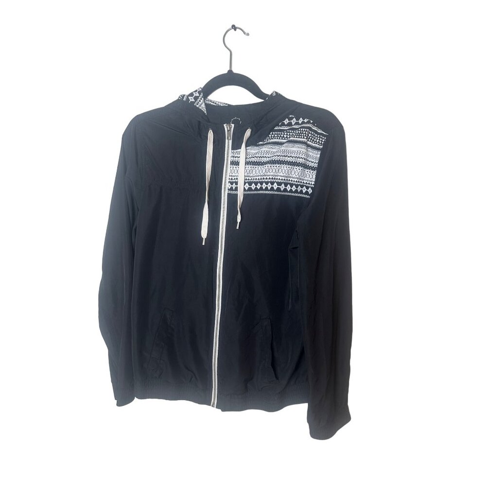 Empyre Windbreaker Black and White Aztec Pattern Zipper Down‎ Hoodie - L